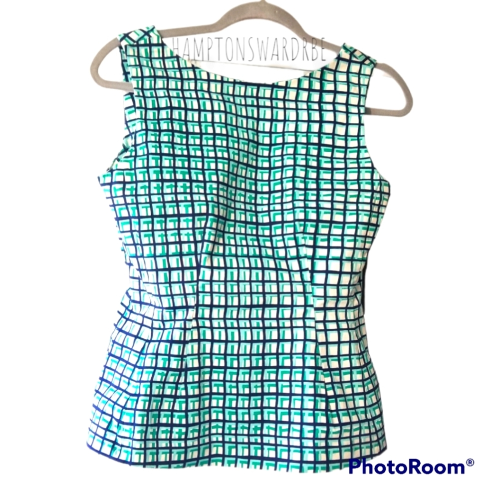 kate spade♠️| Sz M Blue Check Tatiana Breeze Block Peplum Slvless Top MSRP $248